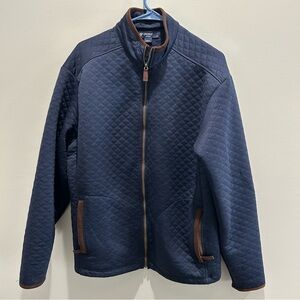 Cremieux Classics Full Zip Jacket Men Navy Blue Brown Accents Elbow Patch Large